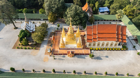Beautiful aerial view of Wat Phra That ha Duang located in Li district, Lamphun province of Thailand. The location is believed to be an ancient city because ancient walls and canalの写真素材