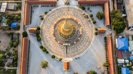 High angle view of Phra Mahathat Chedi Sri Wiang Chai one of the biggest pagoda in Thailand, with the base of about 1,600 square metres located in Li district, Lamphun province.の写真素材