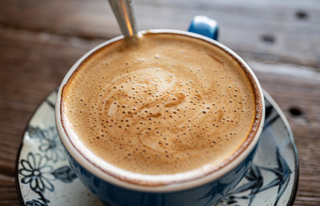Close up of the surface of hot latte coffee. A latte is a coffee drink made with espresso and steamed milk.の写真素材