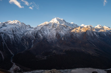 Mt.Naya Kanga with other Himalayas peak in Langtang valley of Nepal seen from Tsergo Ri (4,990m) the high point on the Langtang valley trek of Nepal.の写真素材