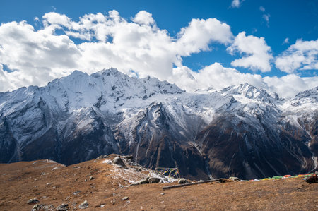 Scenery view of Himalayas mountains landscape seen from Tsergo Ri (4,990m) the high point on the Langtang valley trek of Nepal.の写真素材
