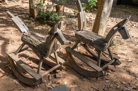 Wooden horse (or hobby horse) in the garden. A wooden horse is a child's toy horse.の写真素材