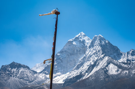 Mt.Ama Dablam (6,812 m) seen from Dingboche village in Nepal. Ama Dablam is one of the most beautiful mountains in the world.の写真素材