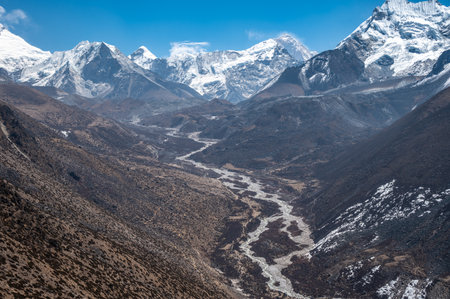 Beautiful view of Imja valley in Sagarmatha national park of Nepal. This valley situated just bottom of the Nuptse, Lhotse and Mount Everest and being one of the popular destinatioの写真素材