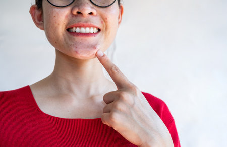 Cropped shot view of Asian woman pointing to an acne occur on her face. Allergies, irritants, genetic makeup, etc can cause skin conditions.の写真素材
