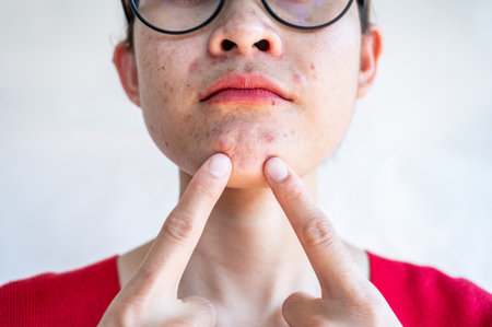 Cropped shot view of unhappy Asian woman having problems of acne inflammation (Papule and Pustule) on her face. Conceptual of problems on woman skin.の写真素材