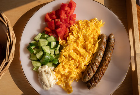 Scrambled eggs with sausage and pieces of tomato and cucumber served on a dish as breakfast. Breakfast is the first meal of the day usually eaten in the morning.の写真素材