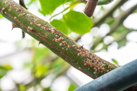 Close up of rose scale (Aulacaspis rosae) on a rose cane. Rose scale can cause cane decline or twig dieback.の写真素材