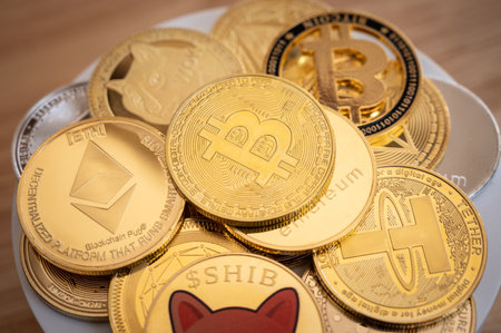 Close up of various kinds of cryptocurrency token coins. Cryptocurrency is a digital or virtual currency that is secured by cryptography.の写真素材