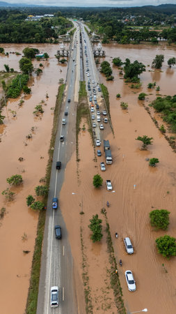 Aerial view of car driving on the road flooded after Kok river rising during heavy rain in Chiang Rai province, Thailand.の写真素材