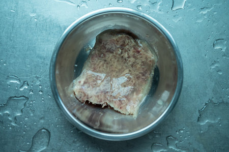 Cat jelly food in a bowl. The savory, gelatinous substance that surrounds the meaty parts of the...