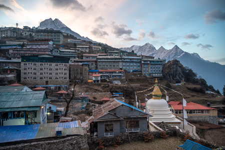 View of the accommodation and Sherpa house in Namche Bazaar village. Namche Bazaar is the staging...