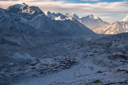Beautiful view of Gorakshep village the last village before reaching to Everest Base Camp in Nepal during sunrise.の写真素材