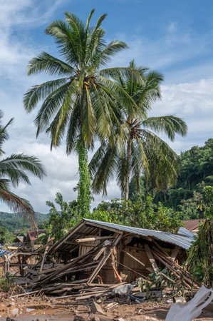 Local houses in Chiang Rai province destroyed by flooding after typhoon Yagi has swept Southeast Asia.の写真素材