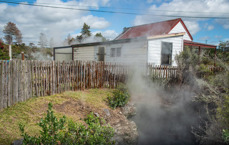 The geothermal activity underneath the ground in Whakarewarewa the living Maori village in Rotorua town in North Island of New Zealand.の写真素材