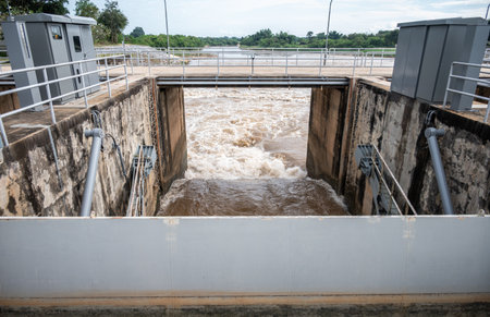 Spillway of Chiang Rai dam open for release water.