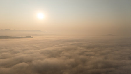 Beautiful aerial view of the nature during sunrise in winter season of Thailand.