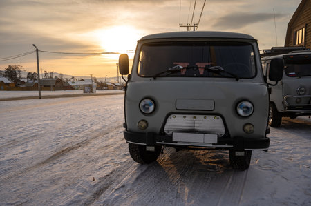 The Russian UAZ van parking in Khuzhir village a small village on Olkhon Island, Russia. Russian UAZ is popular vehicle for ruggedness in the harsh environs of Russia.の写真素材