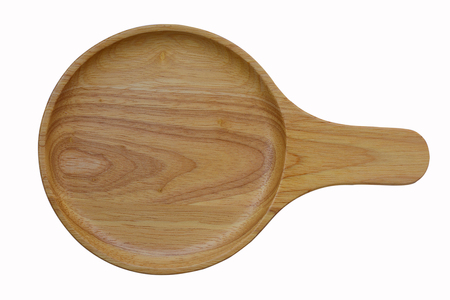 Close up empty wooden dish isolated on white background,with clipping pathの写真素材