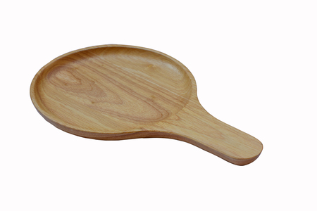 Close up empty wooden dish isolated on white background,with clipping pathの写真素材