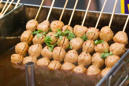 meat ball,pork meatballs shopping Thai street food.の写真素材