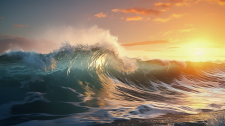 Beautiful ocean wave at sunset. 3d render concept of nature,Beautiful high sea waves and beautiful...