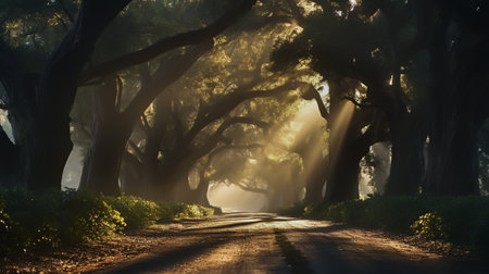 Foggy road through the old oak trees in the morning,tree tunnel fairy tale tree Awesome atmosphere...