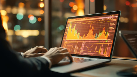 Businessman analyzing stock market data on laptop screen. Investment and trading concept.の写真素材