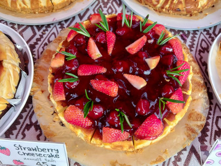 Strawberry tart with fresh berries and rosemary on the table,with fresh strawberries on top, sold at the market.の写真素材