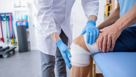 Cropped image of physiotherapist doing knee massage to patient in clinic,Banding knee sprains,...