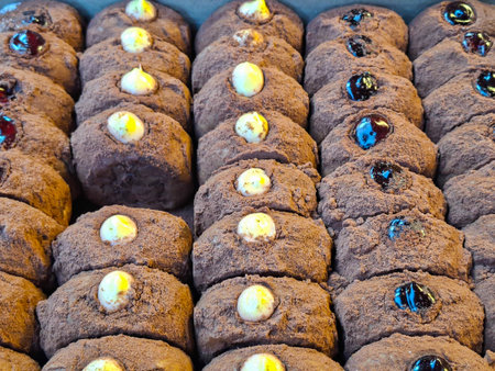 Round chocolate donuts in the display case at the front of the shop. Close-up photograph.
