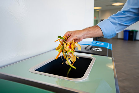 Close-up of male hand throwing yellow flower in trash binの写真素材