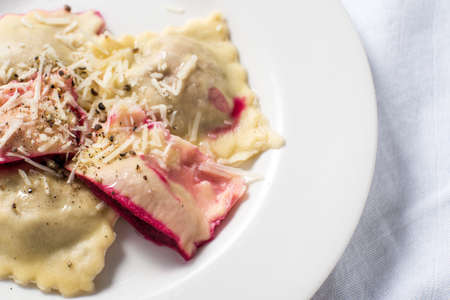 Roasted beet filled ravioli homemade pastaの写真素材