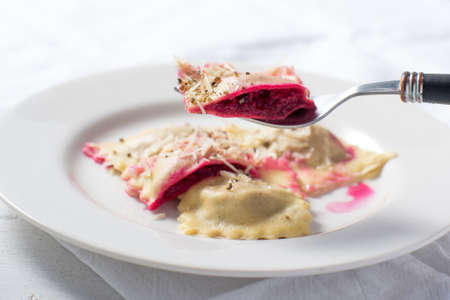 Roasted beet filled ravioli homemade pastaの写真素材