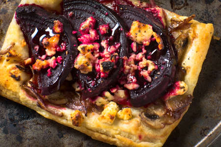 Beet and feta tart baked with honey glazeの写真素材