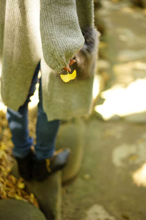 Women with a leaf of Ginkgo bilobaの写真素材