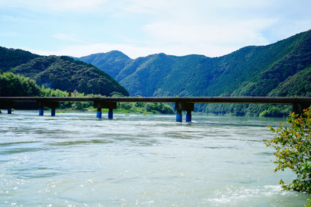Landscape view of the river and the bridge on the mountain.の写真素材