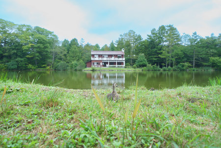 Beautiful view of the lake and the old house in the park at Karuizawaの写真素材