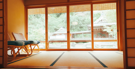 Wooden chair in japanese style room with natural view.の写真素材