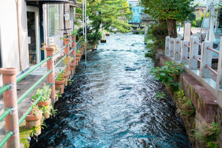 The river flowing through the old town of Takayama, Japanの写真素材