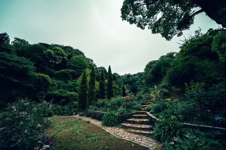 Garden with stone steps and flowers in a cloudy day in summerの写真素材