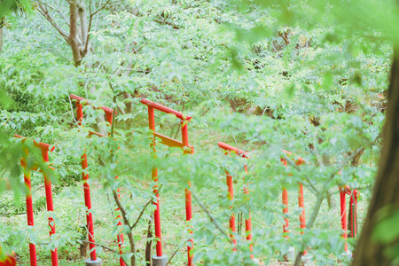 Red metal railings in the park. Selective focus. nature.の写真素材