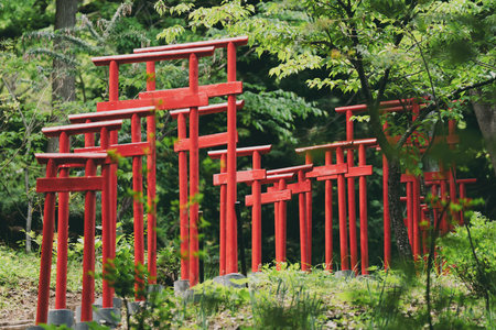 red torii gate in japanese garden, selective focusの写真素材