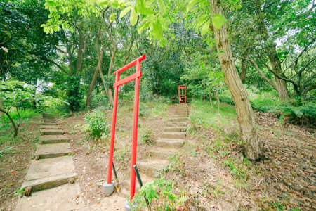 Garden stairs in the park with red wooden gazeboの写真素材