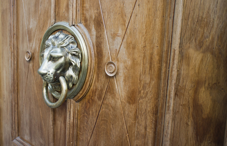 A brown door with beautiful bronze retro style carved lion head handle  knocker の写真素材