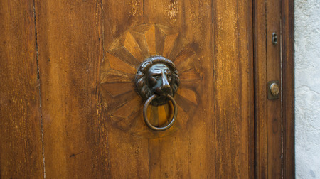 Beautiful bronze retro style carved lion head handle  knocker の写真素材