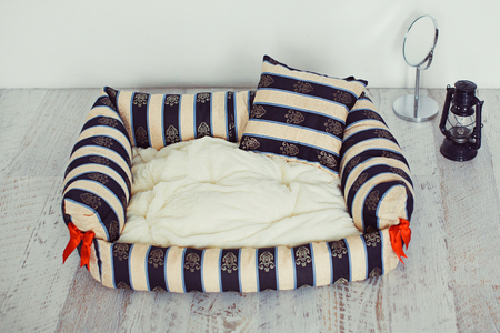 Pet mattress with red bows, mirror and lanternの写真素材