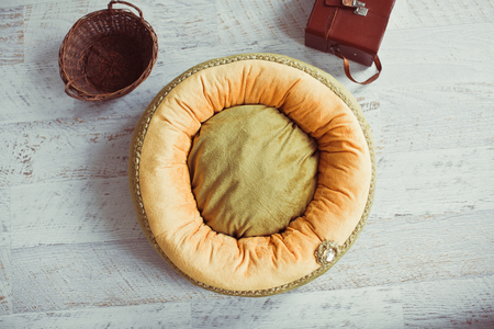 Orange and green pet mattress with brown leather box and basketの写真素材