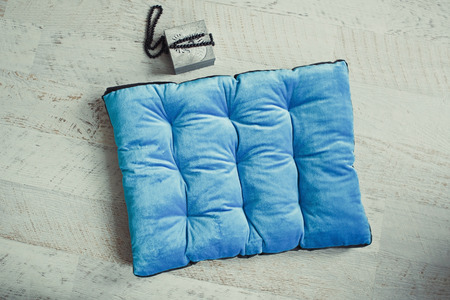 Blue pet matress on the wooden floorの写真素材