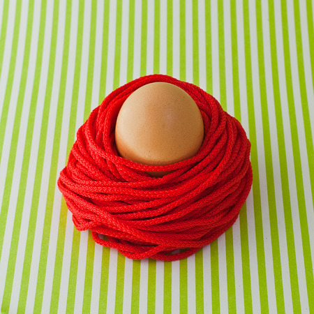 Egg in a nest of red ropeの写真素材